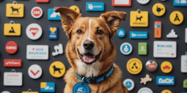 Happy dog with Lassie insurance tag, surrounded by icons of health, accident, and wellness benefits.