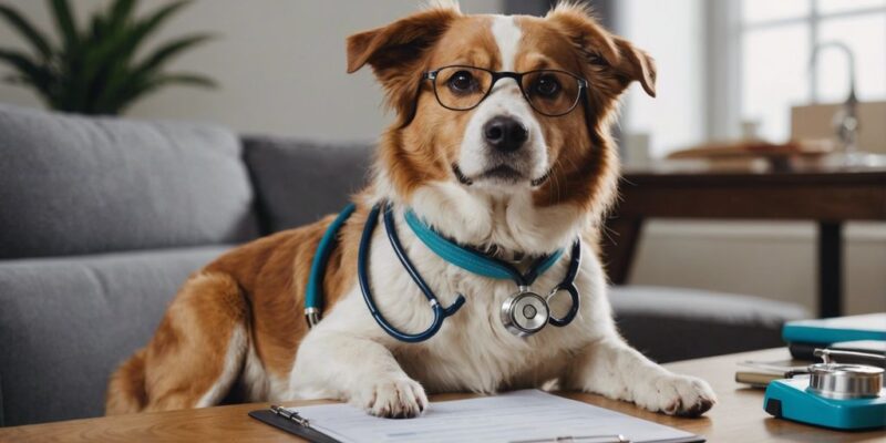 Happy dog with stethoscope and checklist, representing the concept of pet insurance without variable deductible.