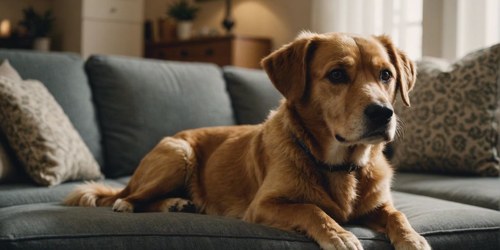 Elderly dog sitting calmly in a cozy living room with soft lighting, representing care for old dogs.