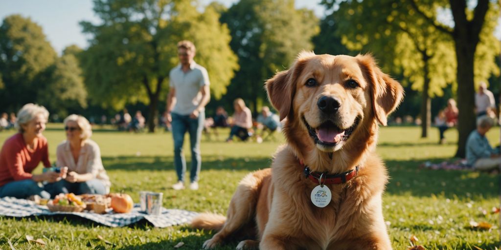 Happy dog with Manypets insurance tag playing in park, family enjoying picnic in background.