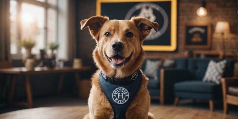 Happy dog with Trygg Hansa logo, representing safety and care in pet insurance.