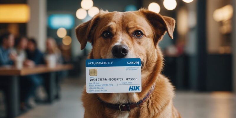 Happy dog with a modern insurance card, representing comprehensive pet insurance from Hedvig.