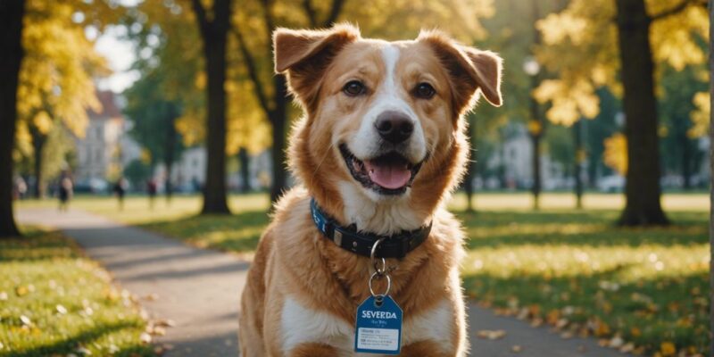Happy dog running in a sunny park with Svedea insurance tag on collar, symbolizing protection and care.