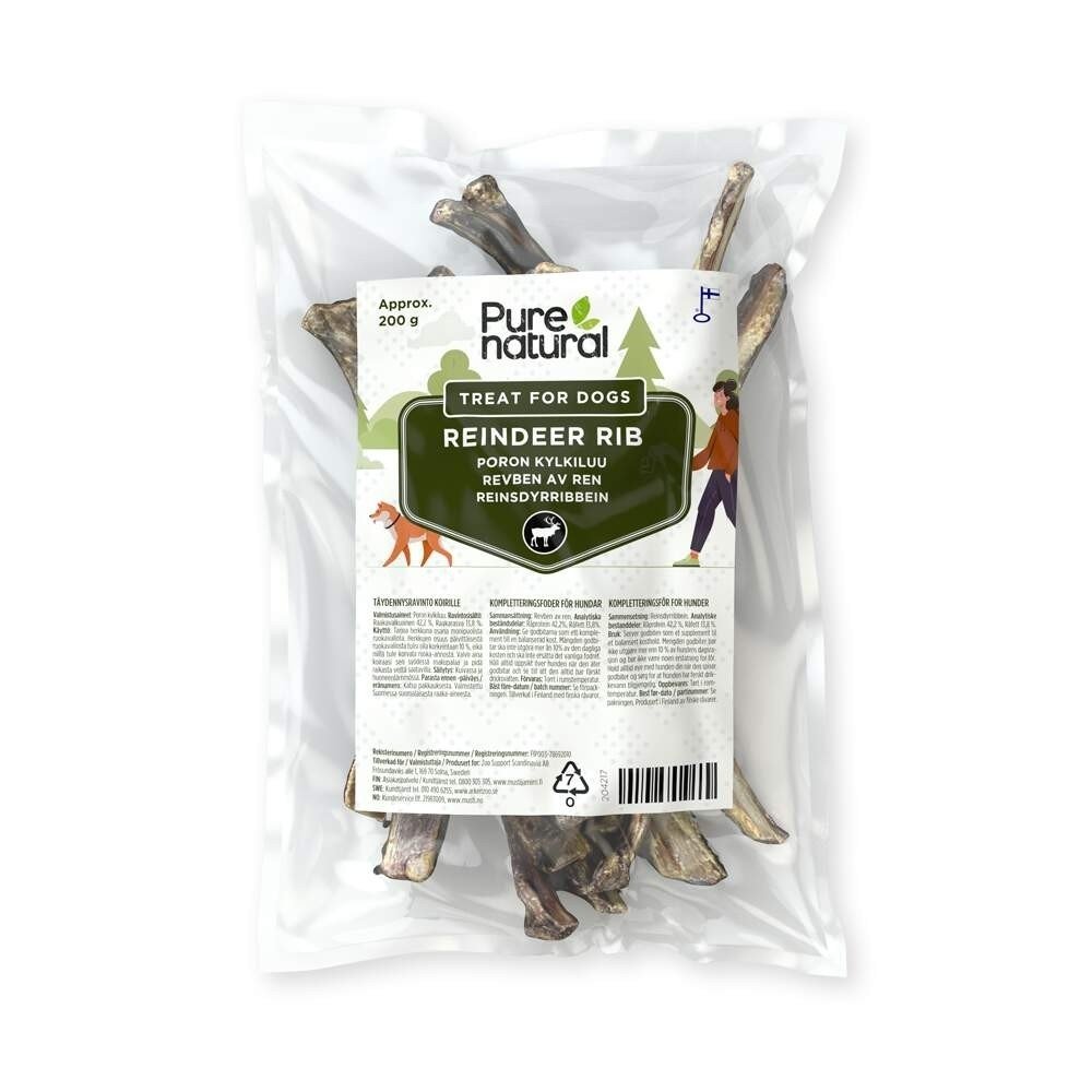 Tuggben för hund | Revben av ren, 200 g, naturliga | Purenatural