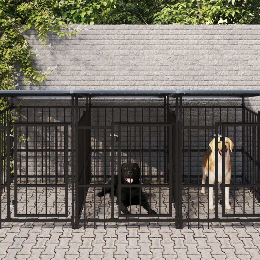 Hundgård för utomhusbruk med tak i stål | Svart, robust konstruktion, 9,38 m² | vidaXL